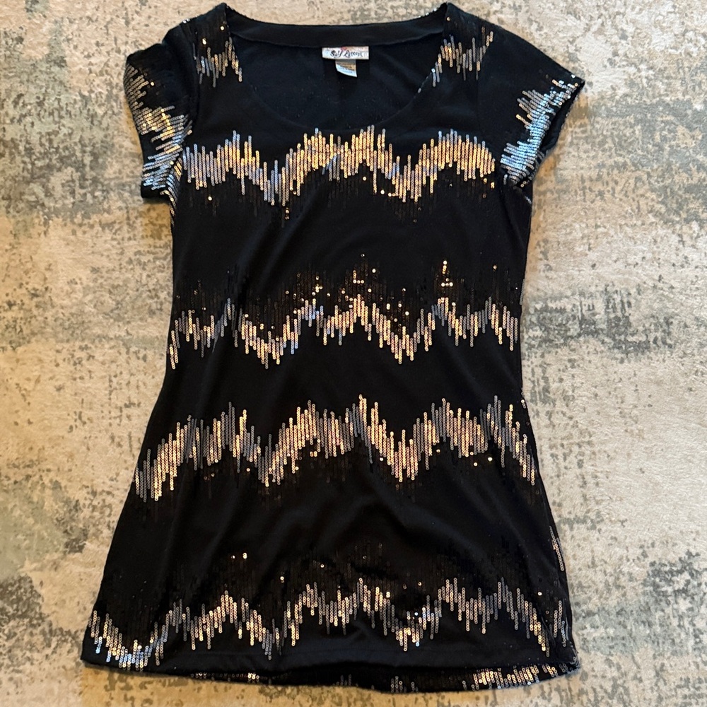Self Esteem Black Sequin Short Sleeve Top